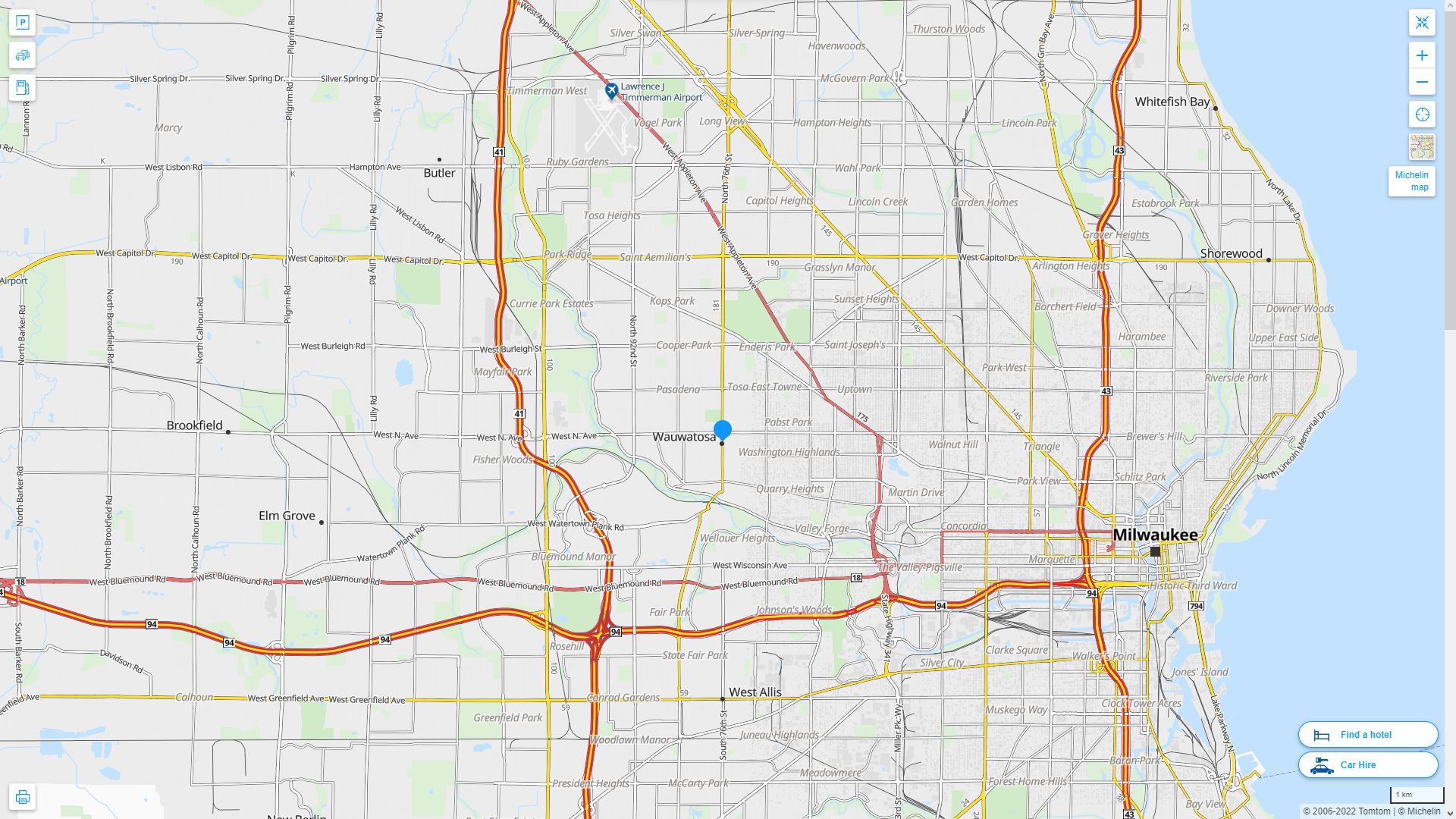 Wauwatosa Wisconsin Highway and Road Map